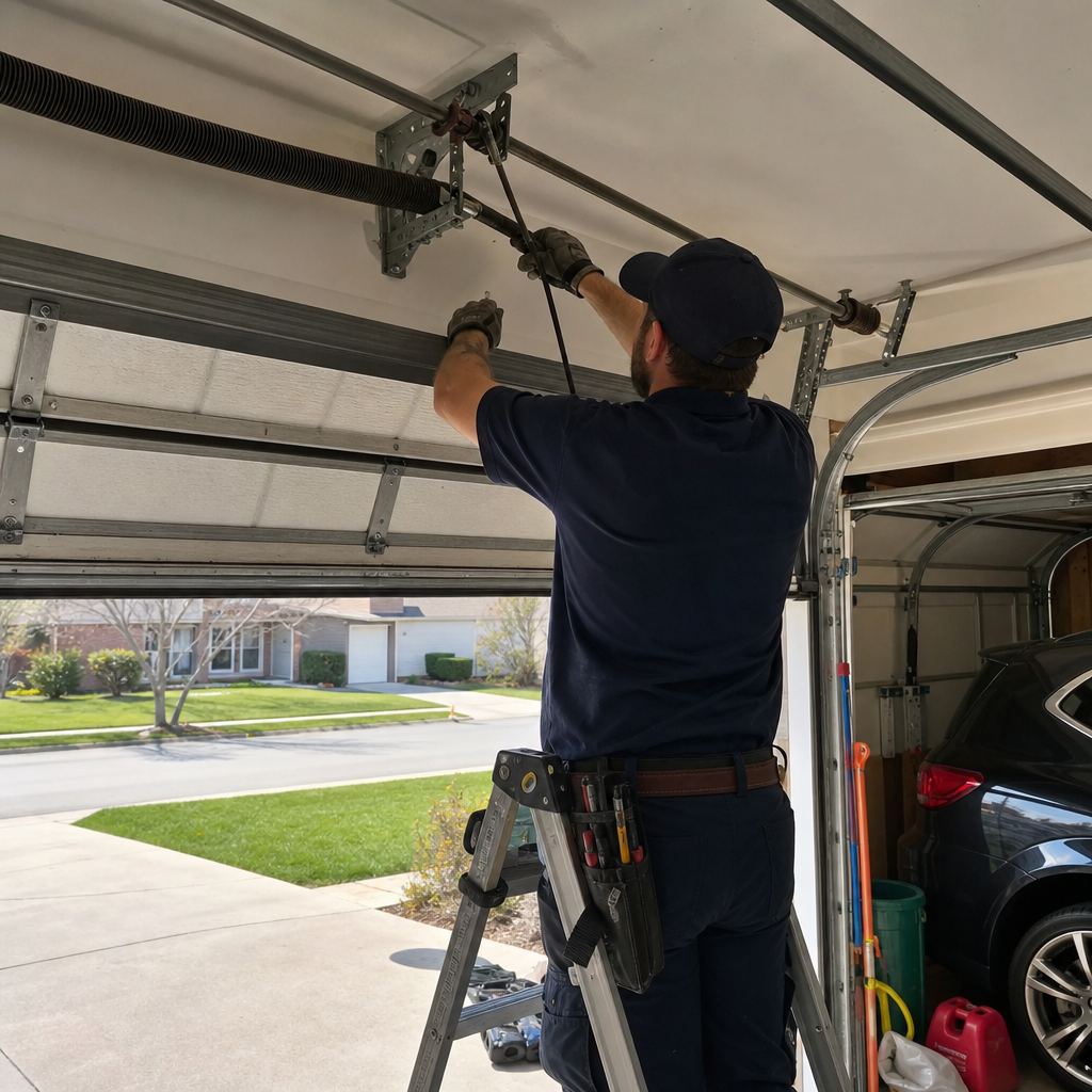 Technician performing emergency garage door repair services in Columbus, OH