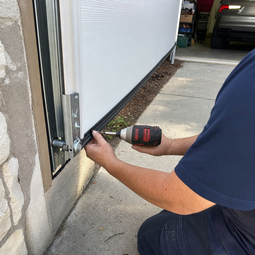 Technician installing weather seal on a residential garage door in Circleville, OH