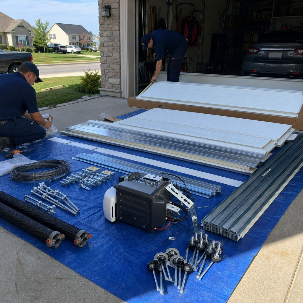 Professional technicians preparing parts for residential garage door installation