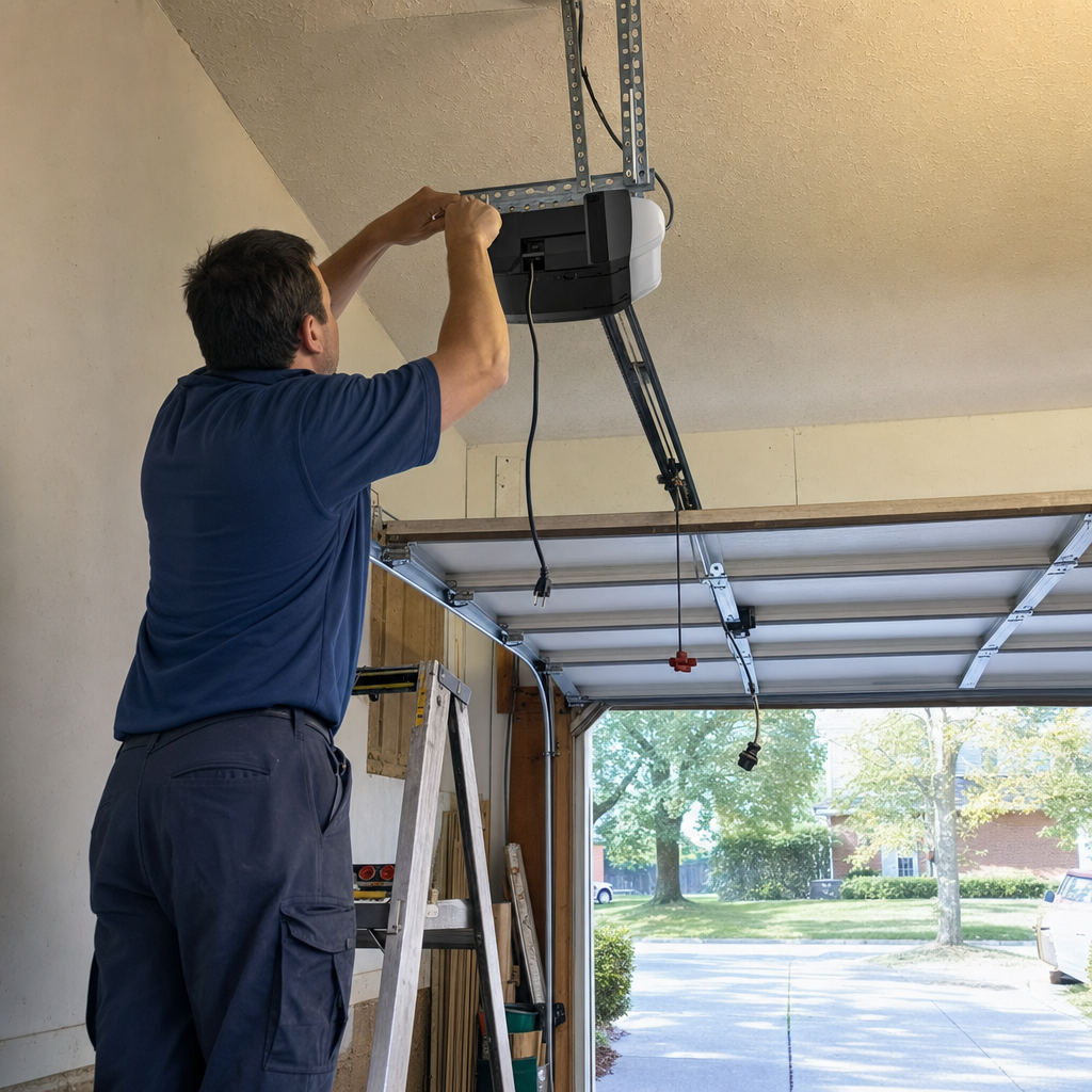 Technician installing a garage door opener motor on a ceiling