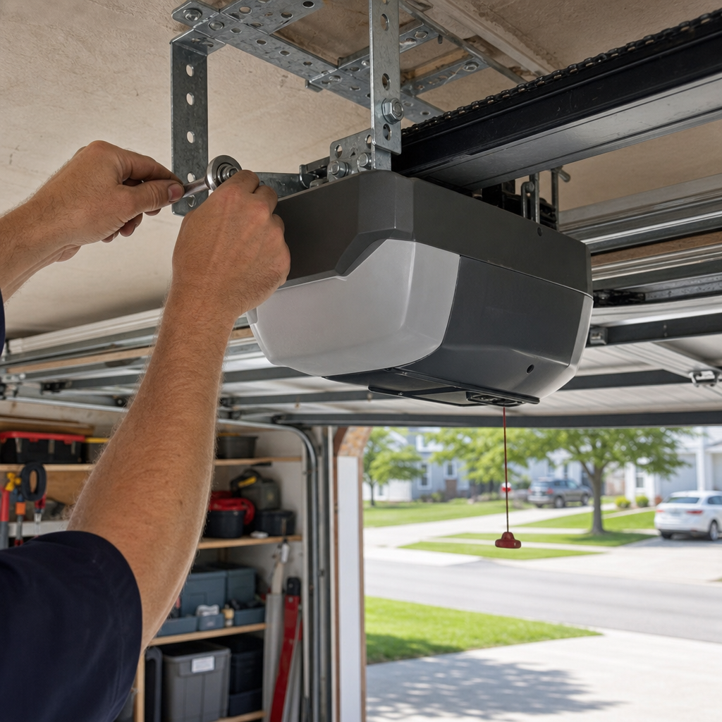 Technician installing a modern garage door opener motor on ceiling tracks
