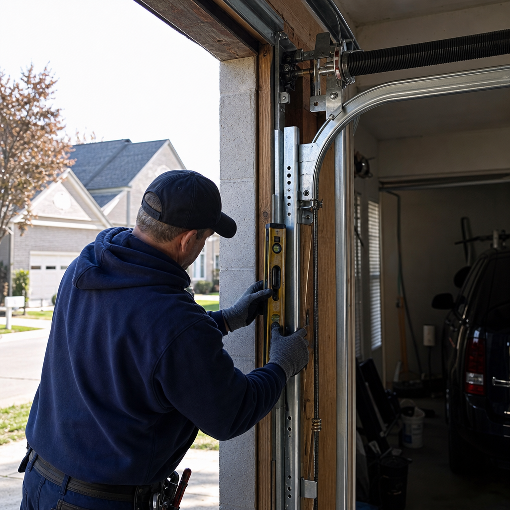 Technician using a level to align a garage door track