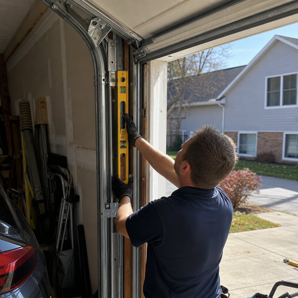 Technician checking vertical alignment of garage door tracks with a level