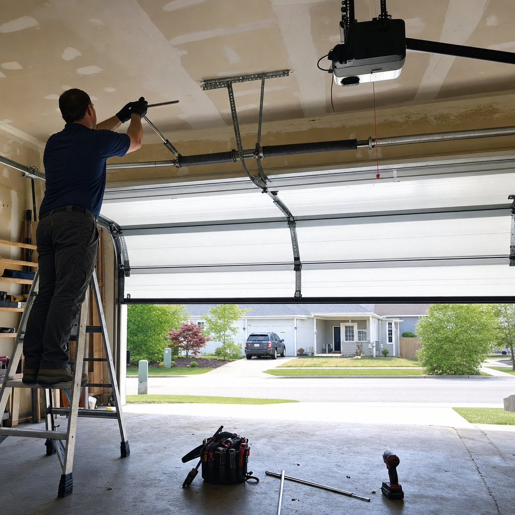 Technician performing professional garage door spring repair